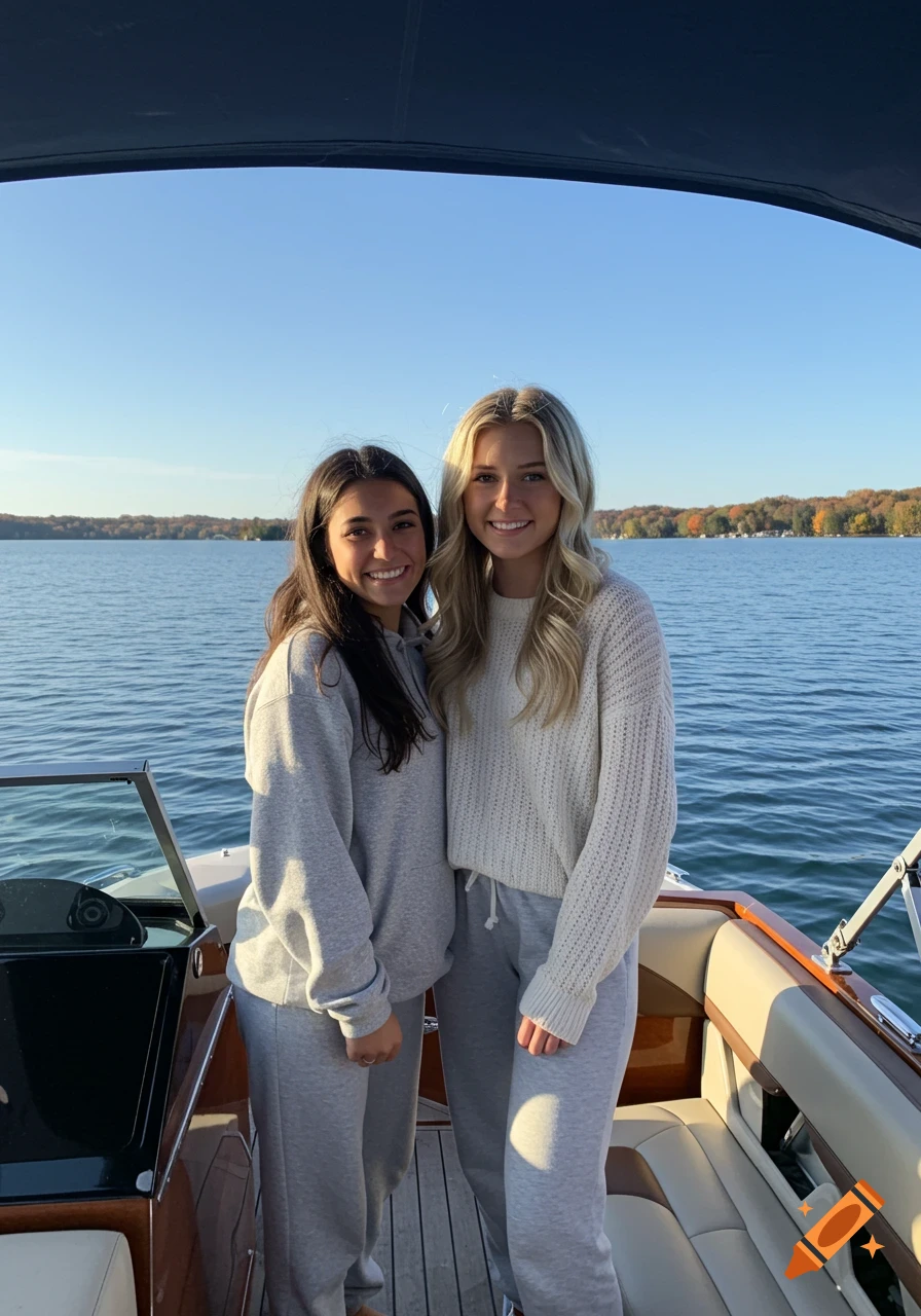Two smiling young women pose on a boat on a sunny day, with a lake and treeline in the background.