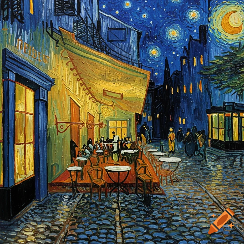A night scene in the style of Van Gogh, showing a brightly lit outdoor cafe with patrons under a starry, swirling blue sky and a crescent moon.