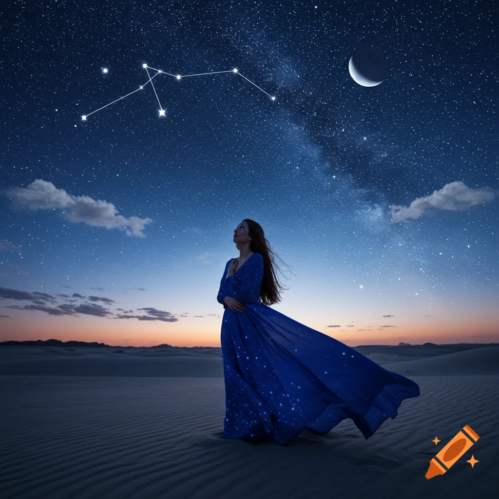 A woman in a blue starry dress stands in a desert looking up at a night sky with a constellation, crescent moon, and Milky Way.