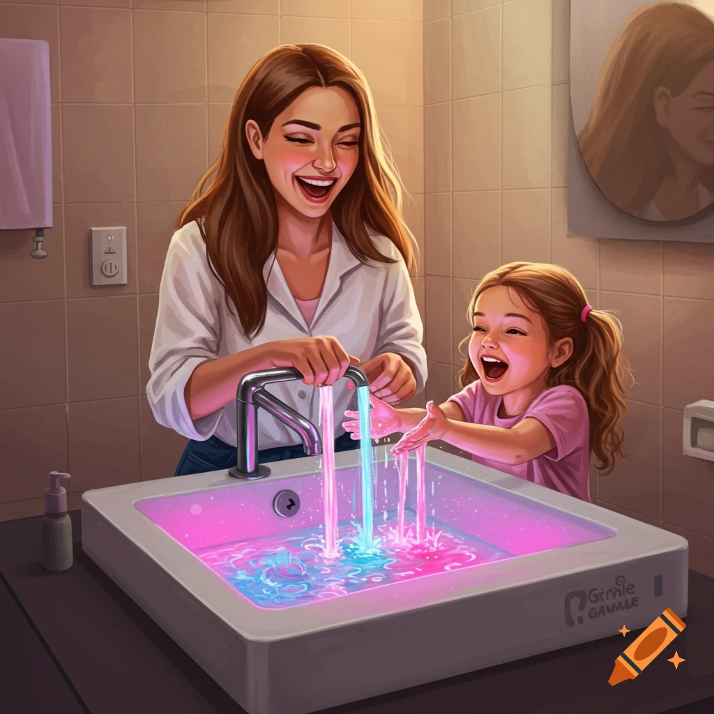 A smiling mother and child joyfully washing hands in a bathroom sink filled with glowing pink and blue water.