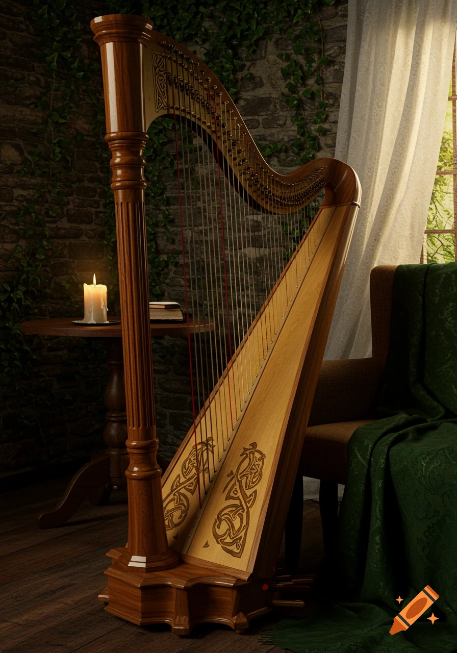 An ornate Irish harp with Celtic knot designs stands in a dimly lit room with a stone wall, a burning candle, and a window.