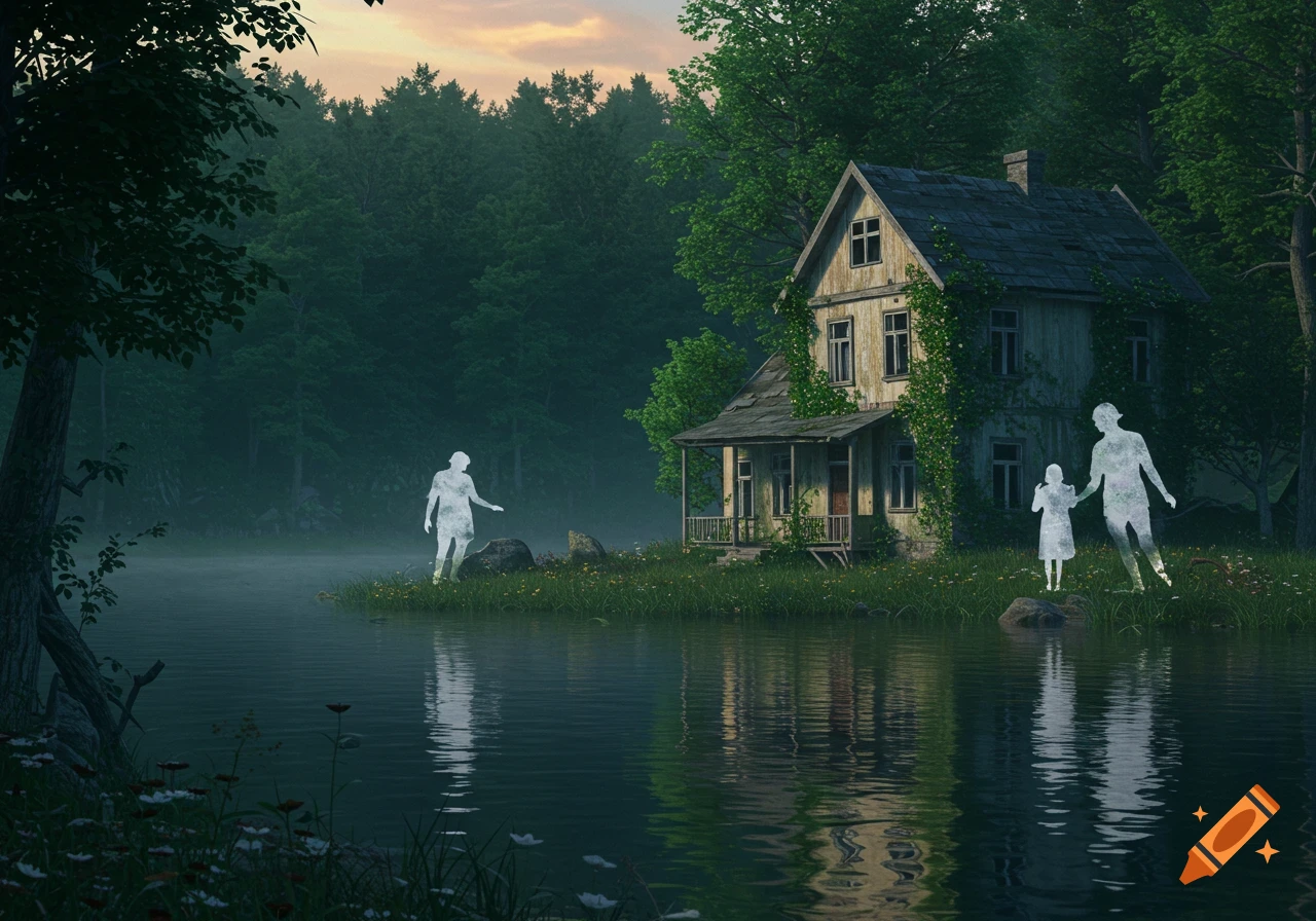 An old, overgrown house by a misty lake with ethereal figures on the shore, surrounded by a dense forest under a soft twilight sky.