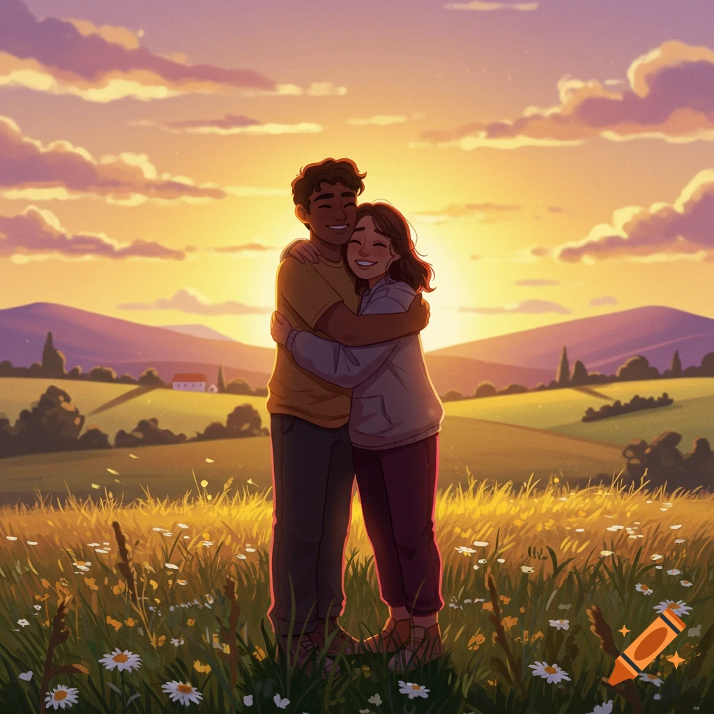 An illustration of a diverse couple hugging in a field of wildflowers at sunset, with rolling hills in the background.