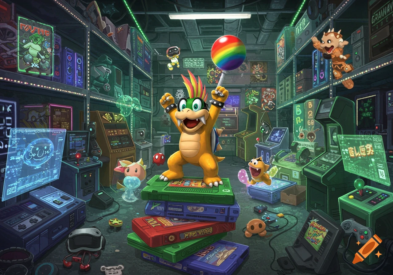 Lemmy Koopa happily stands on a stack of game cartridges in a vibrant, retro gamer warehouse filled with arcade machines and gaming items.