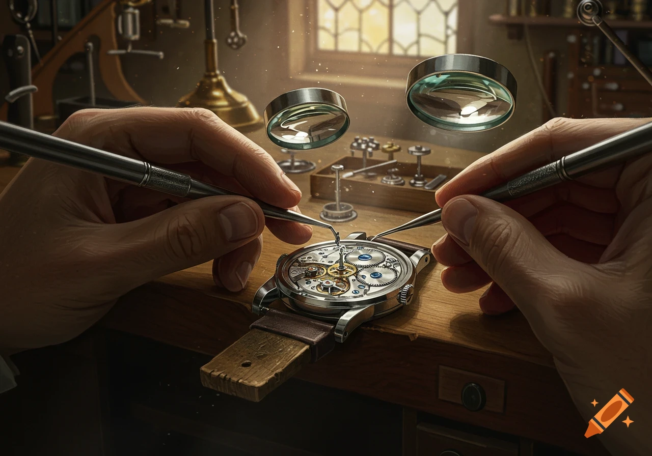 Close-up of a watchmaker's hands meticulously assembling the gears of a pocket watch with tools and magnifying glasses on a wooden desk.