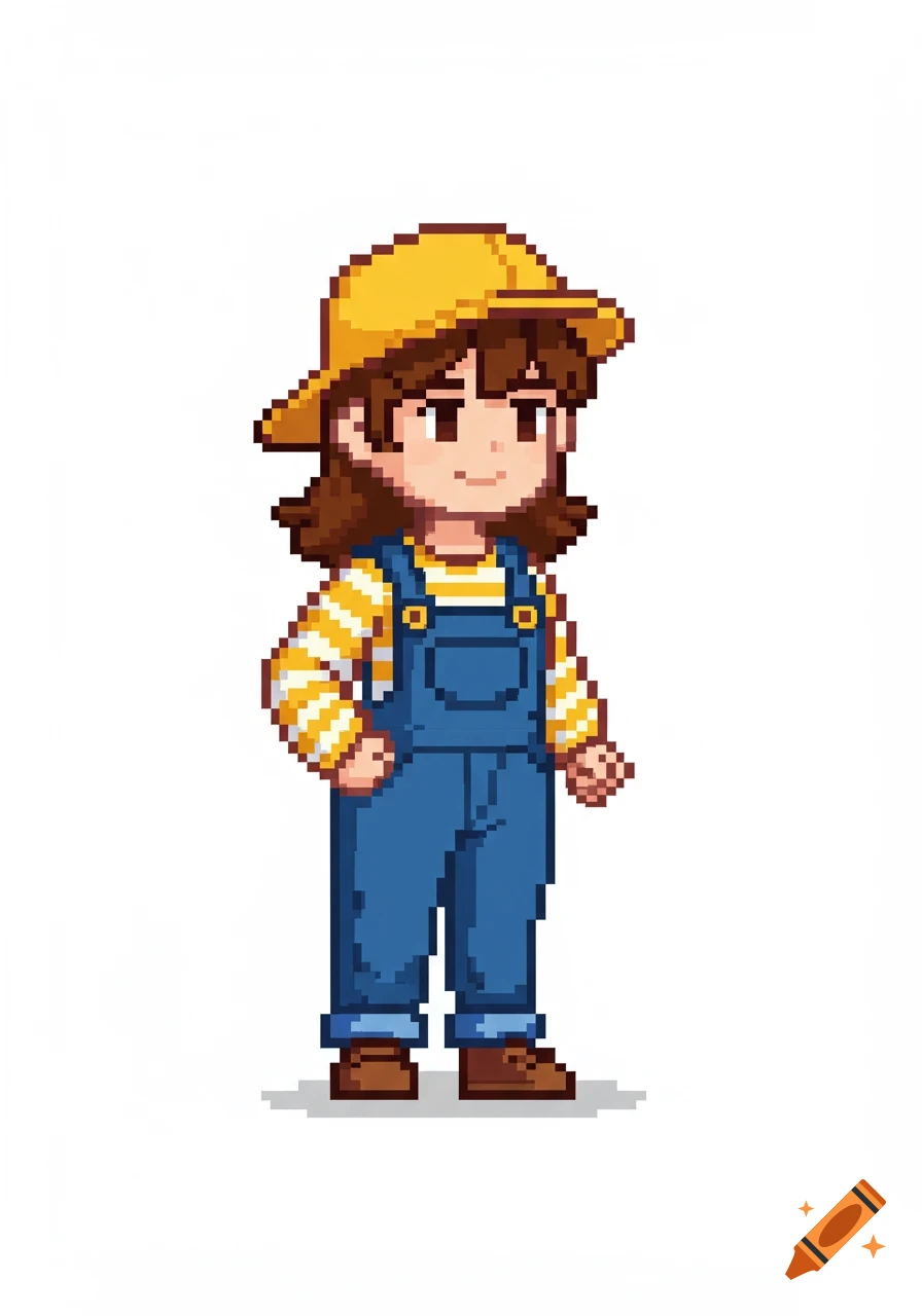 Pixel art RPG female character with brown hair, yellow cap, striped shirt, and blue overalls on a white background.