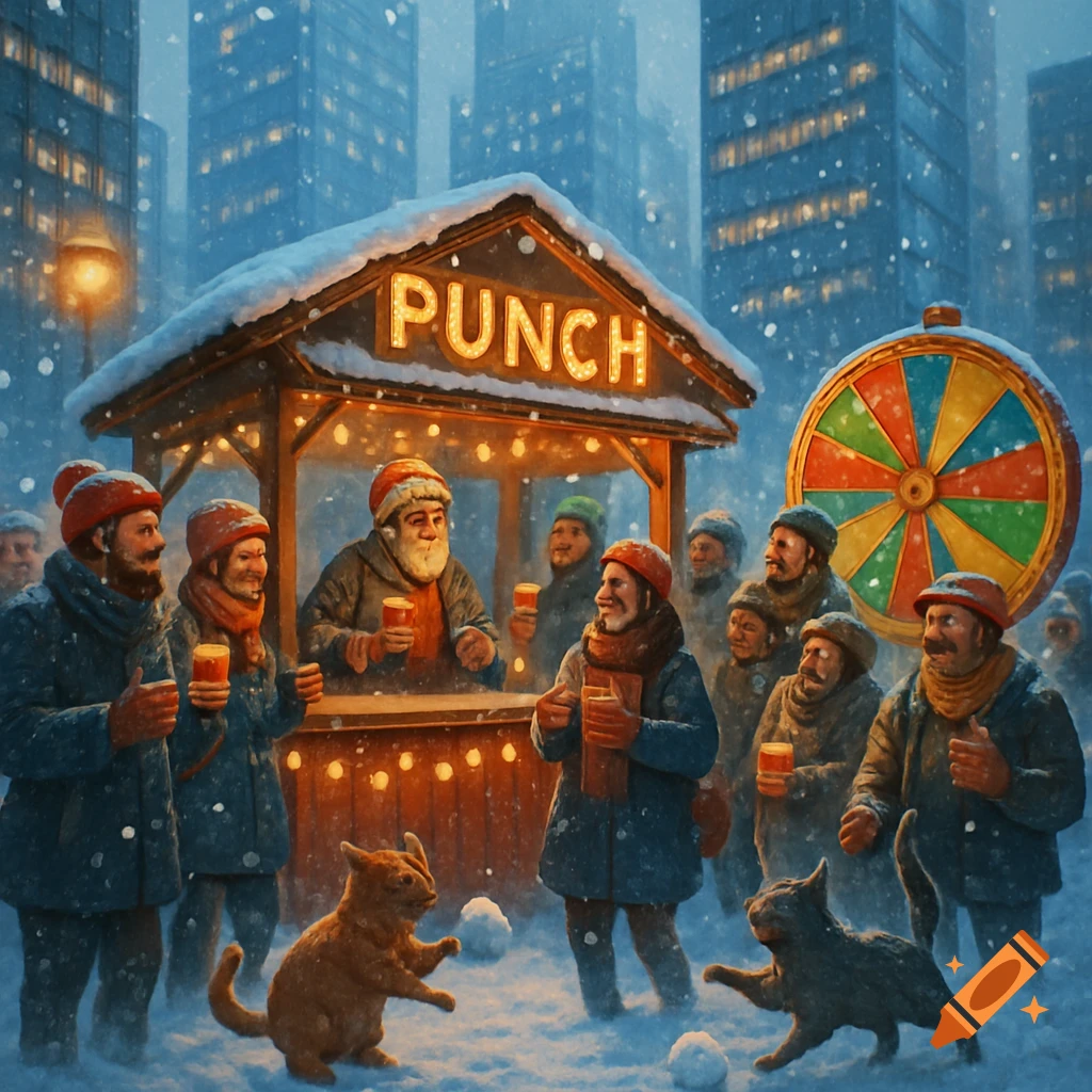 Painterly winter market scene with people, cats playing in snow, a 'PUNCH' stand, and a colorful wheel of fortune in a city.