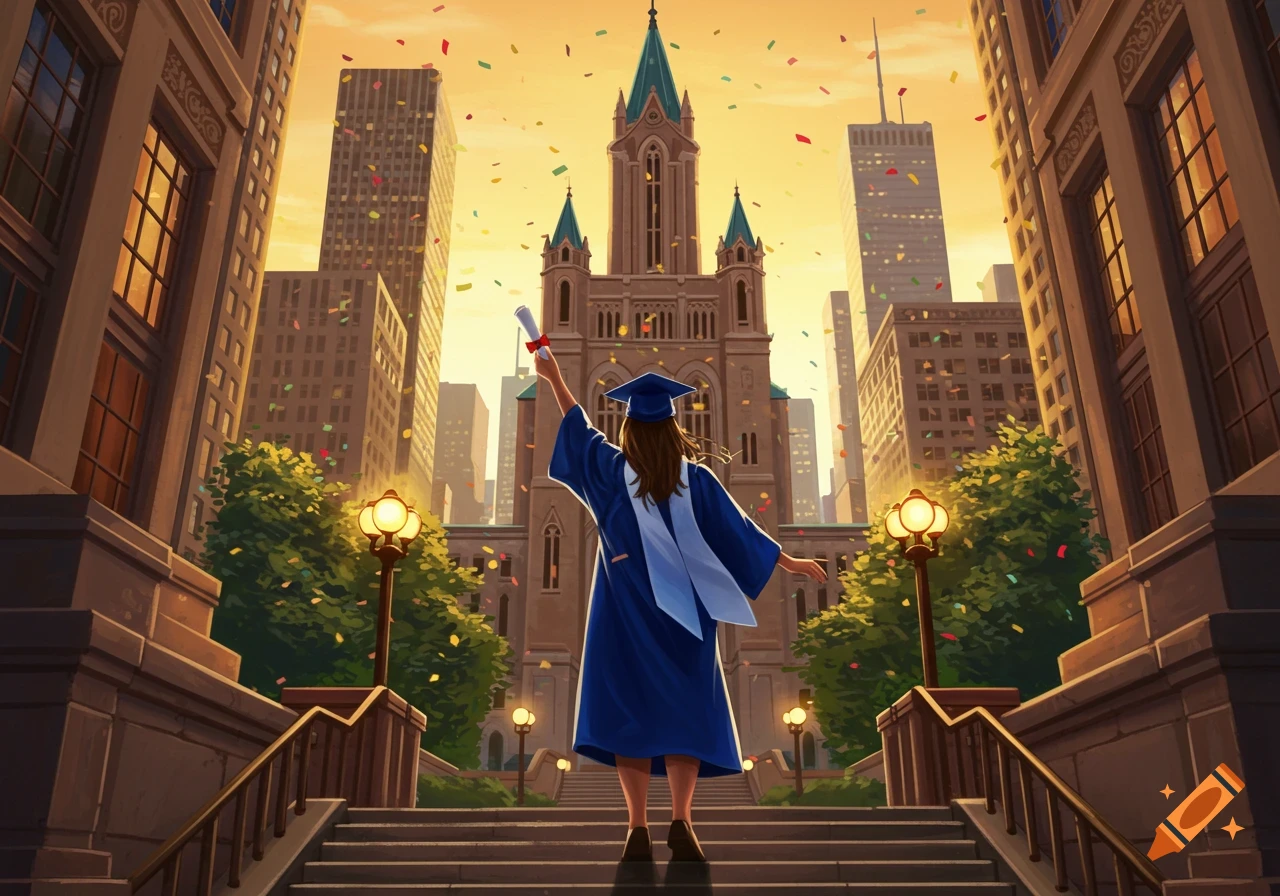 A graduate in a blue gown stands on stairs, raising a diploma in front of a grand university building in a city with falling confetti.