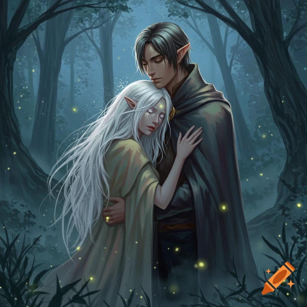 Digital painting of two elves embracing in a mystical, dark forest filled with glowing fireflies.