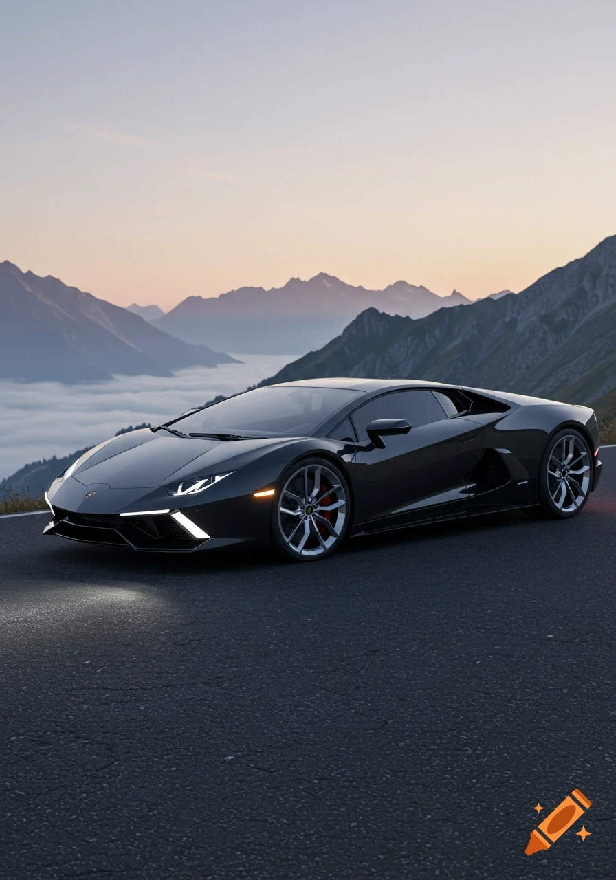 A dark grey Lamborghini sports car parked on a mountain road at sunset, with fog-filled valleys and distant peaks.