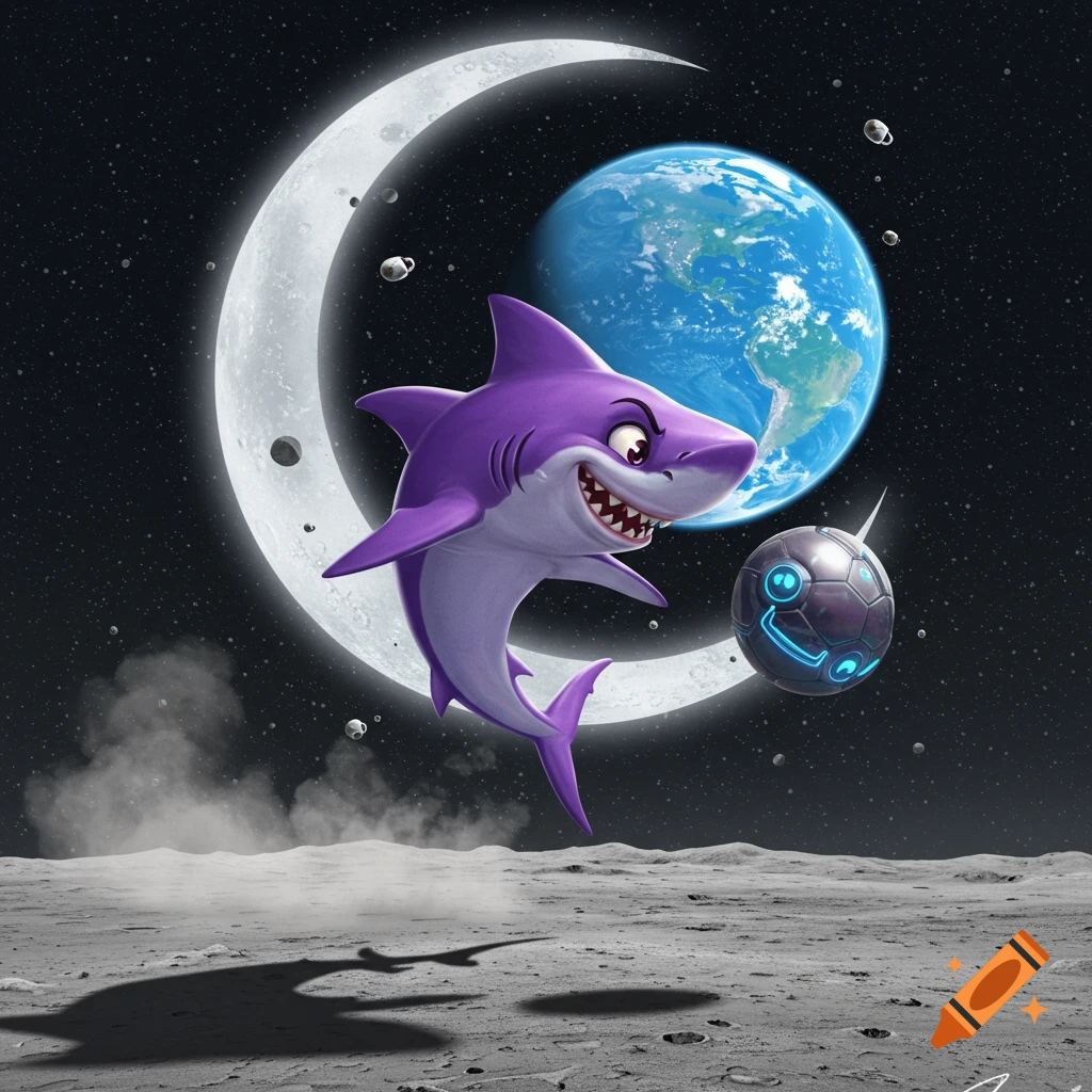 A vibrant purple anime shark jumps above the moon's surface, with a futuristic soccer ball, Earth, and a crescent moon in the starry background.