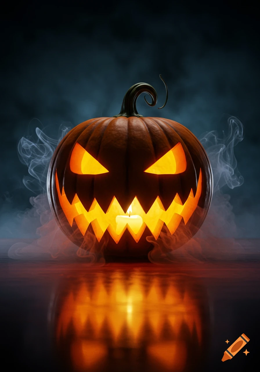 A glowing jack-o-lantern with a menacing face, surrounded by wisps of smoke and reflected on a dark, wet surface.