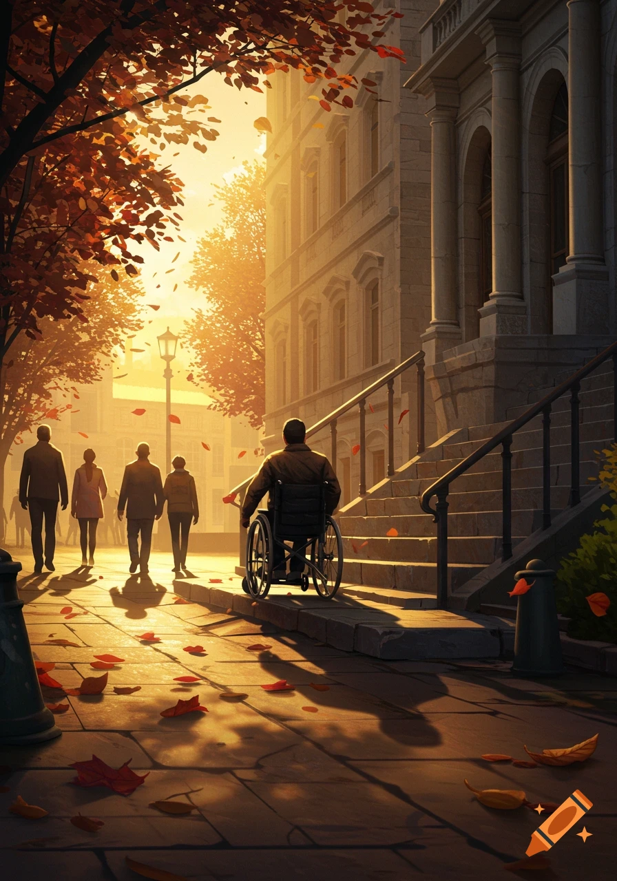 A person in a wheelchair faces a large stone staircase in a sunlit autumnal city scene with other pedestrians.