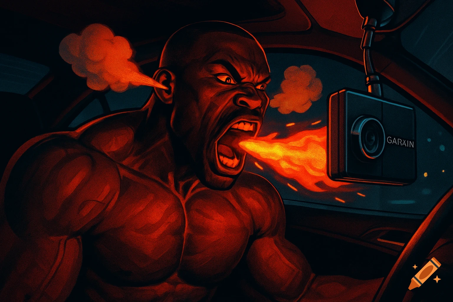 An intensely angry, muscular Black man with fire breathing from his mouth and steam from his ears, shouting in a car at a dashcam. Stylized illustration.