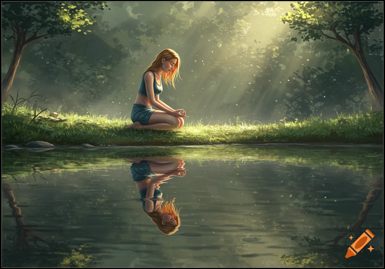 A woman meditates kneeling by a pond in a sunny forest, reflected in the water, in a digital painting.