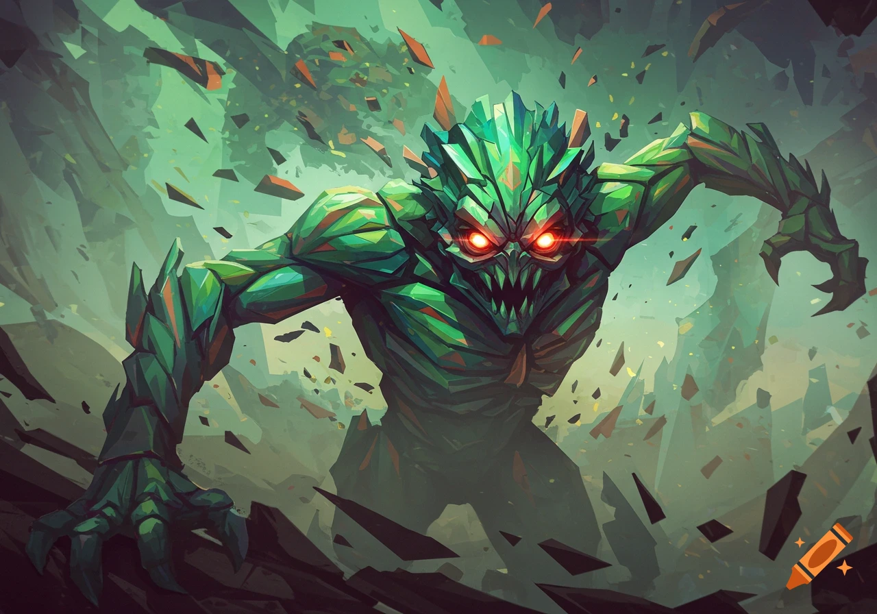 A green, spiky cubist monster with glowing red eyes and sharp teeth emerges from a fragmented background.