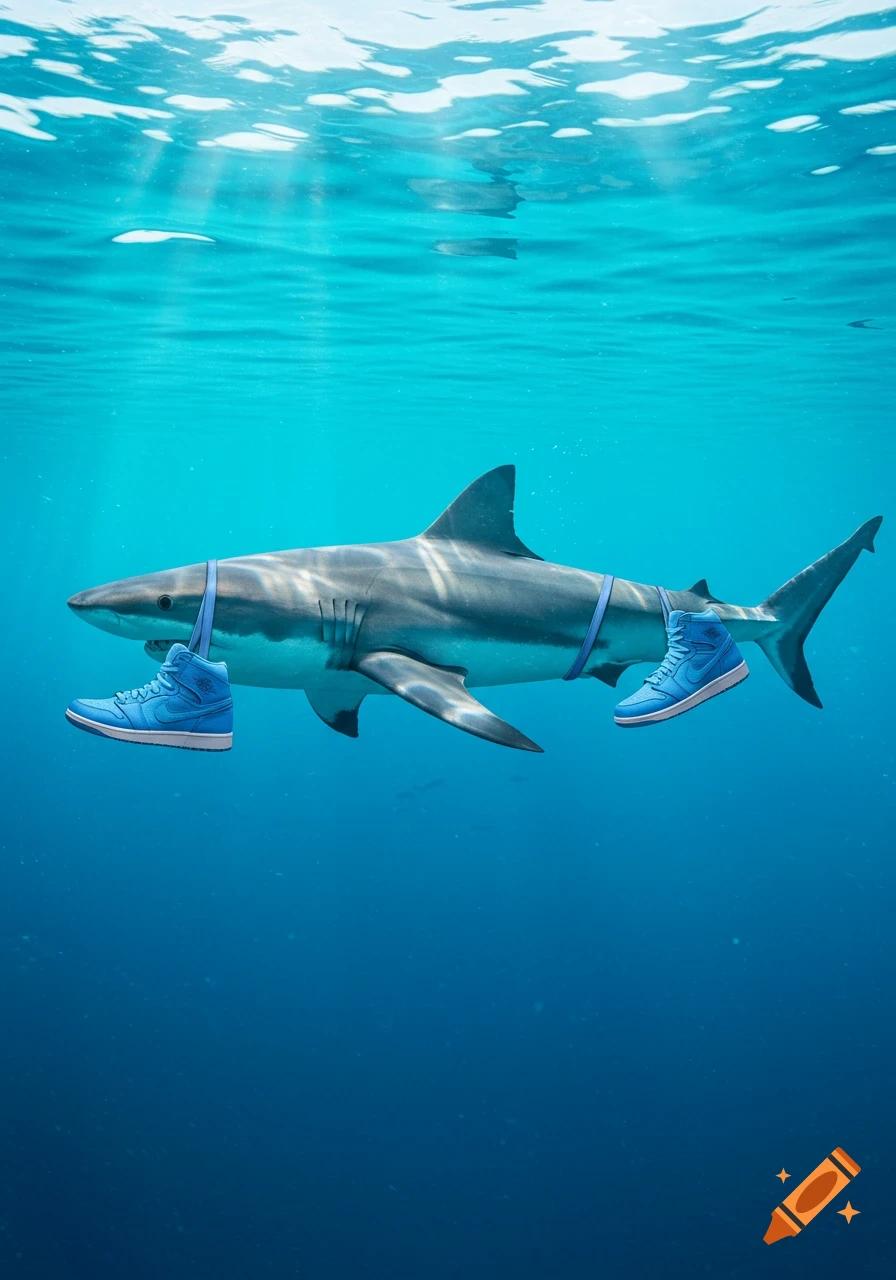 A large great white shark swims underwater, wearing two bright blue high-top sneakers, one on its pectoral fin and one on its caudal fin, secured by blue straps.
