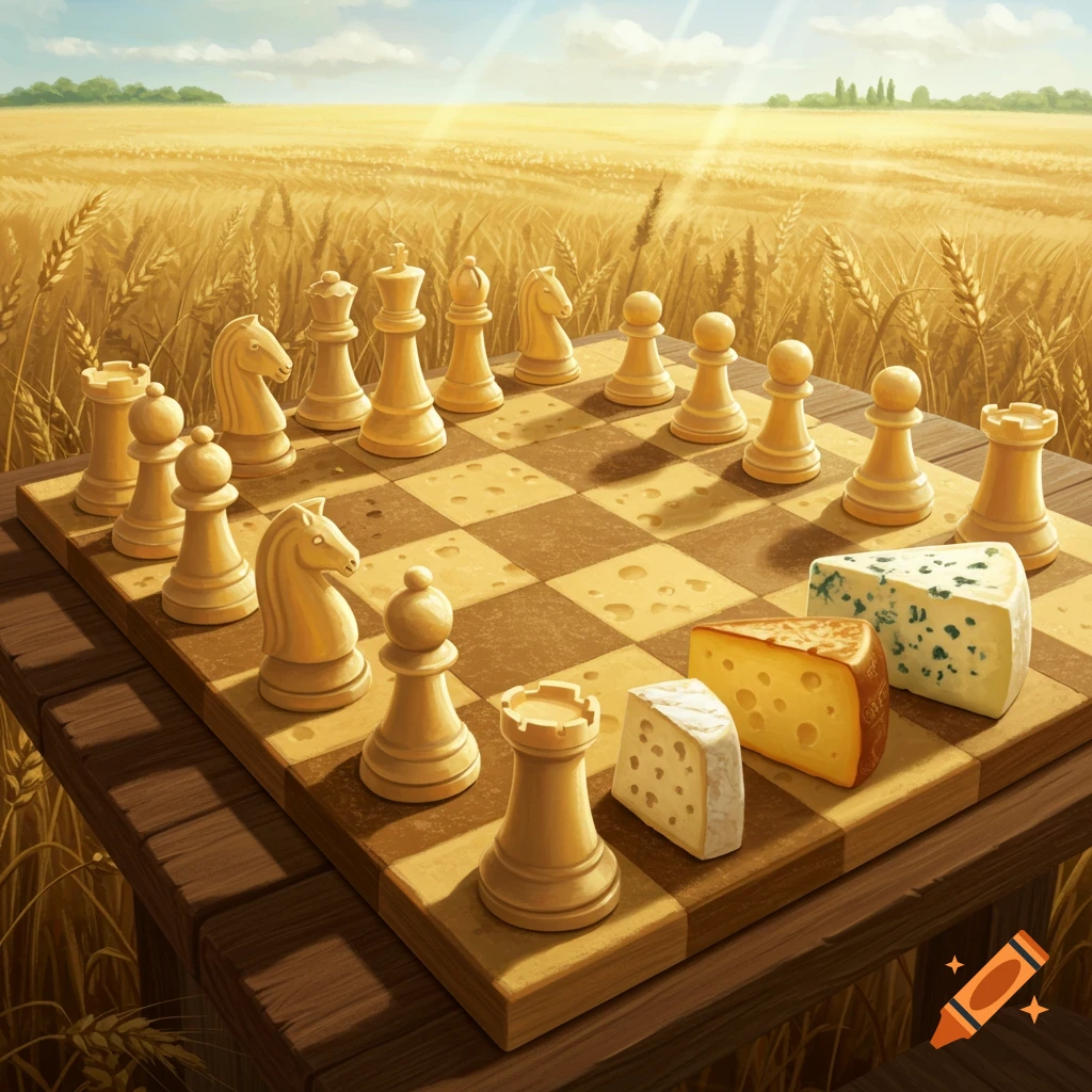A chessboard made of cheese with chess pieces and cheese wedges, on a wooden table in a sunny wheat field. Illustration style.