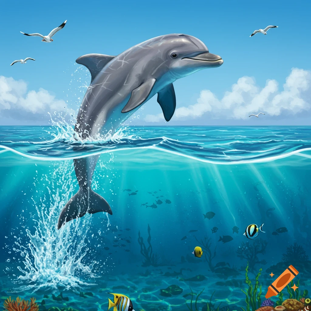 A gray dolphin leaps out of bright blue ocean water, creating a splash, with seagulls flying against a sunny sky and colorful fish and coral visible underwater.