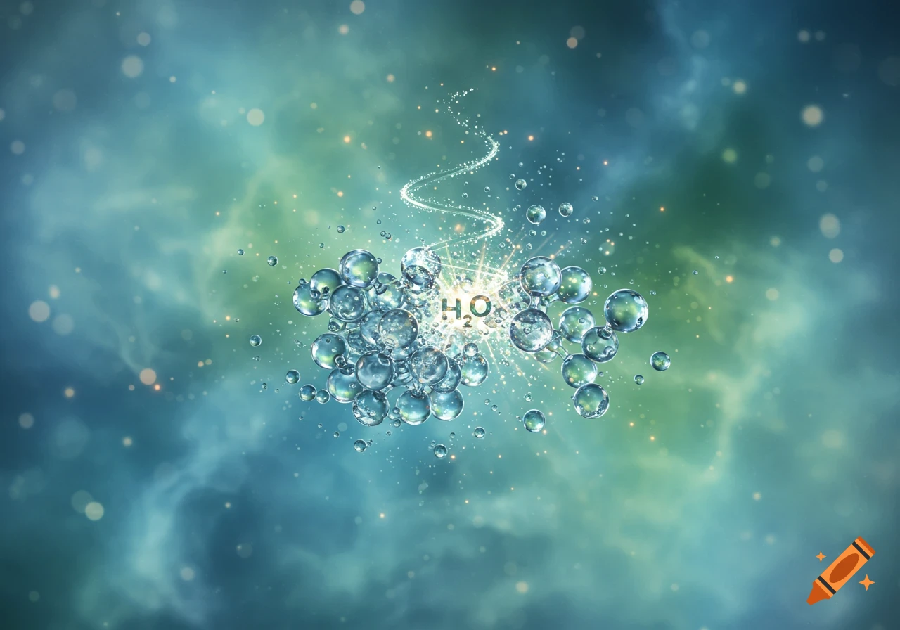 H2O molecules represented as glowing bubbles against a teal and green cosmic background.