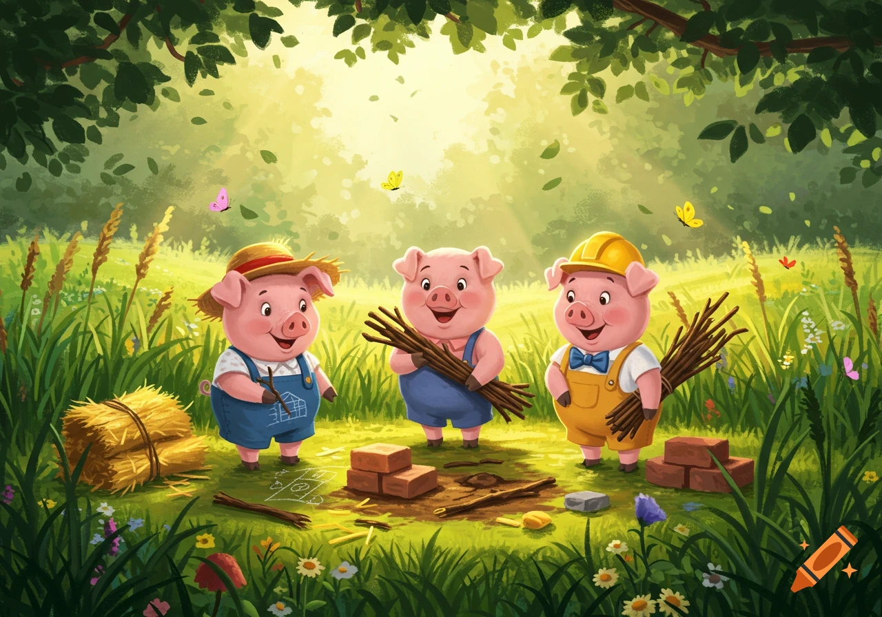 A vibrant illustration of three cartoon pigs in a sunny field, dressed in overalls and carrying sticks, bricks, and hay, planning to build houses.