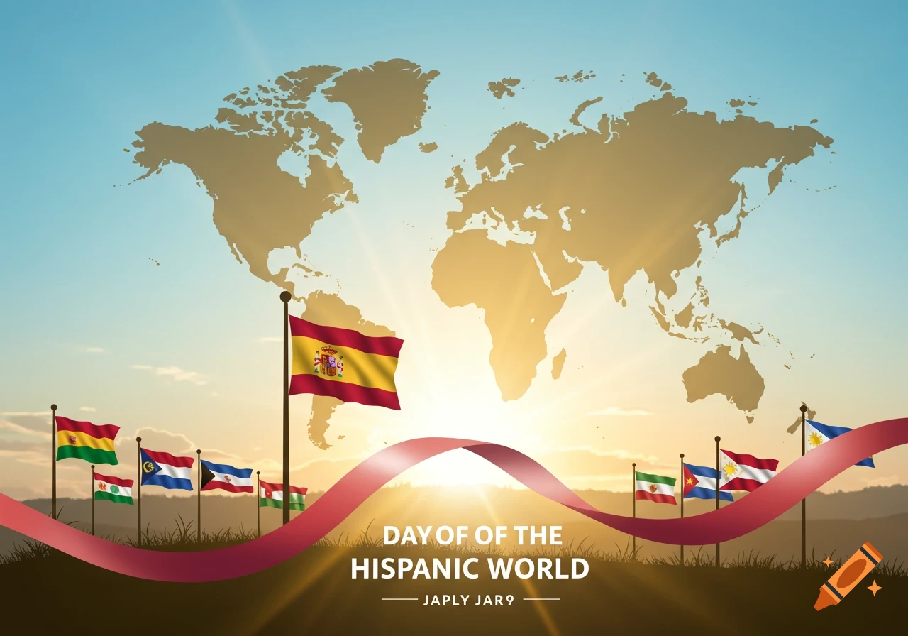 World map silhouette at sunrise with flags of Hispanic countries, a red ribbon, and 'DAY OF THE HISPANIC WORLD' text.