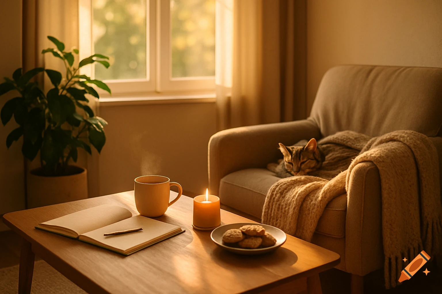 A photorealistic image of a tabby cat sleeping on an armchair with a blanket in a sunlit living room. A coffee table holds a steaming mug, open notebook, pen, lit candle, and cookies. A potted plant sits by the window.