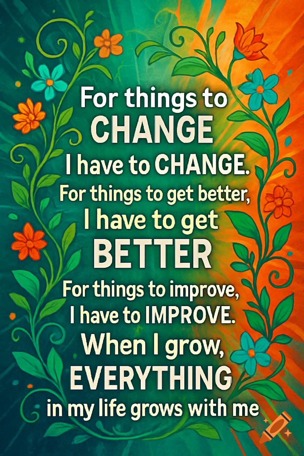 Inspirational quote on personal growth with vibrant floral border on a teal and orange background.