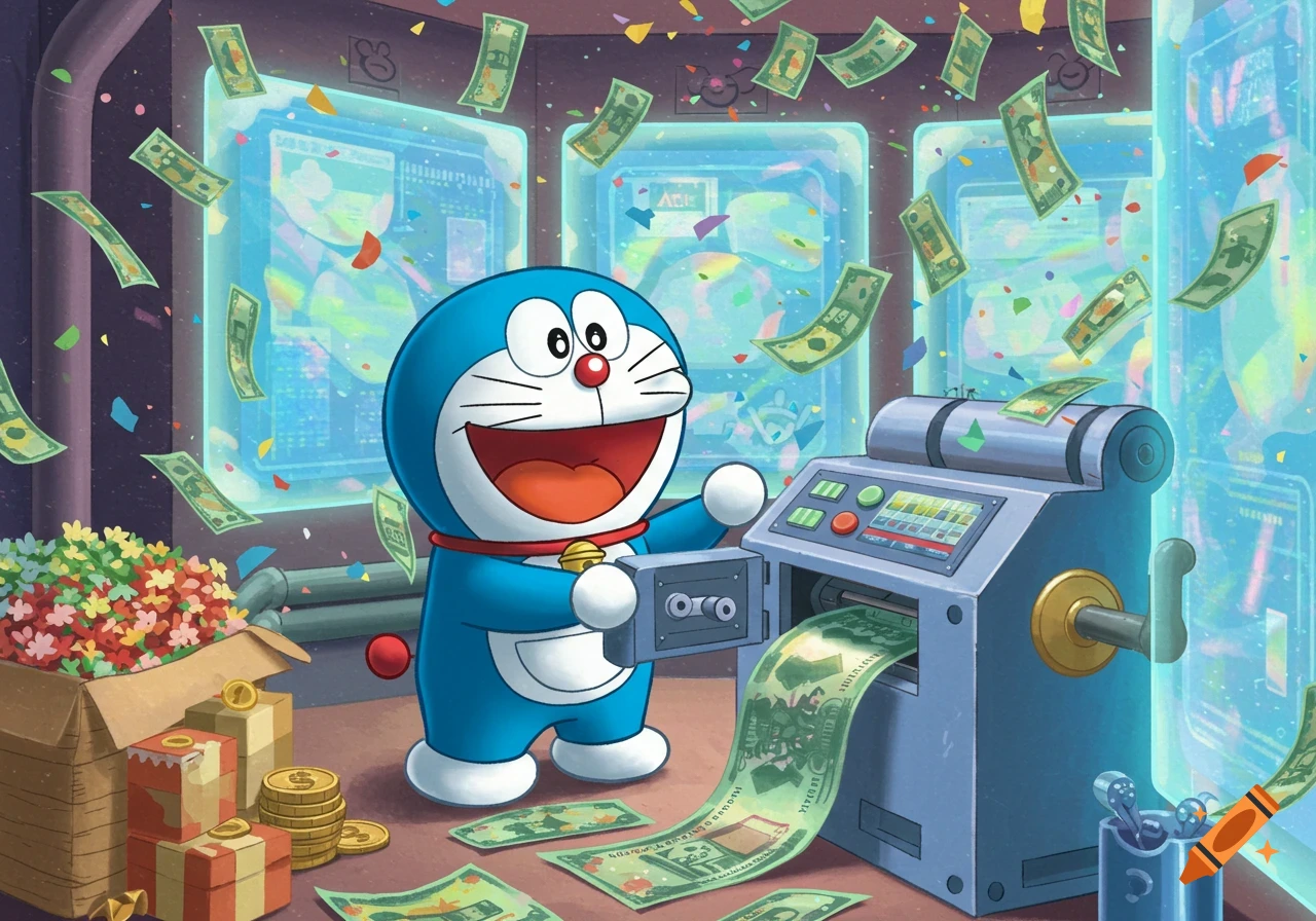 Doraemon excitedly prints stacks of money from a machine, surrounded by falling bills and coins in a vibrant cartoon style.