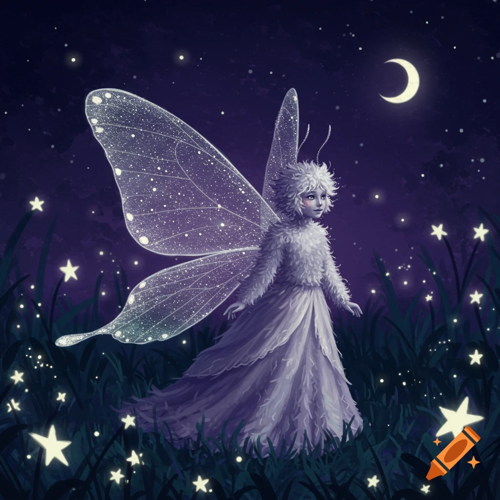 A fluffy fairy-like creature with large, glittery wings stands in a field of glowing stars under a crescent moon at night.