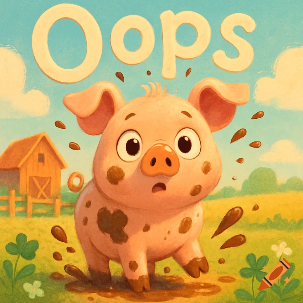 A surprised cartoon pig covered in mud, with the word 'Oops' above it, in a bright farm illustration.