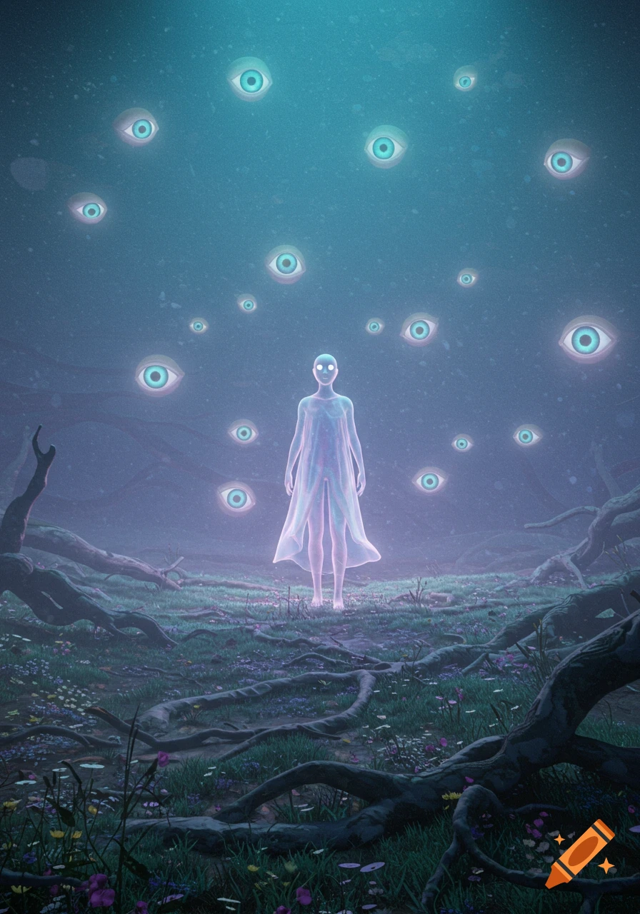 An ethereal, glowing figure stands in a mystical forest, surrounded by numerous floating, disembodied eyes in the dark sky.