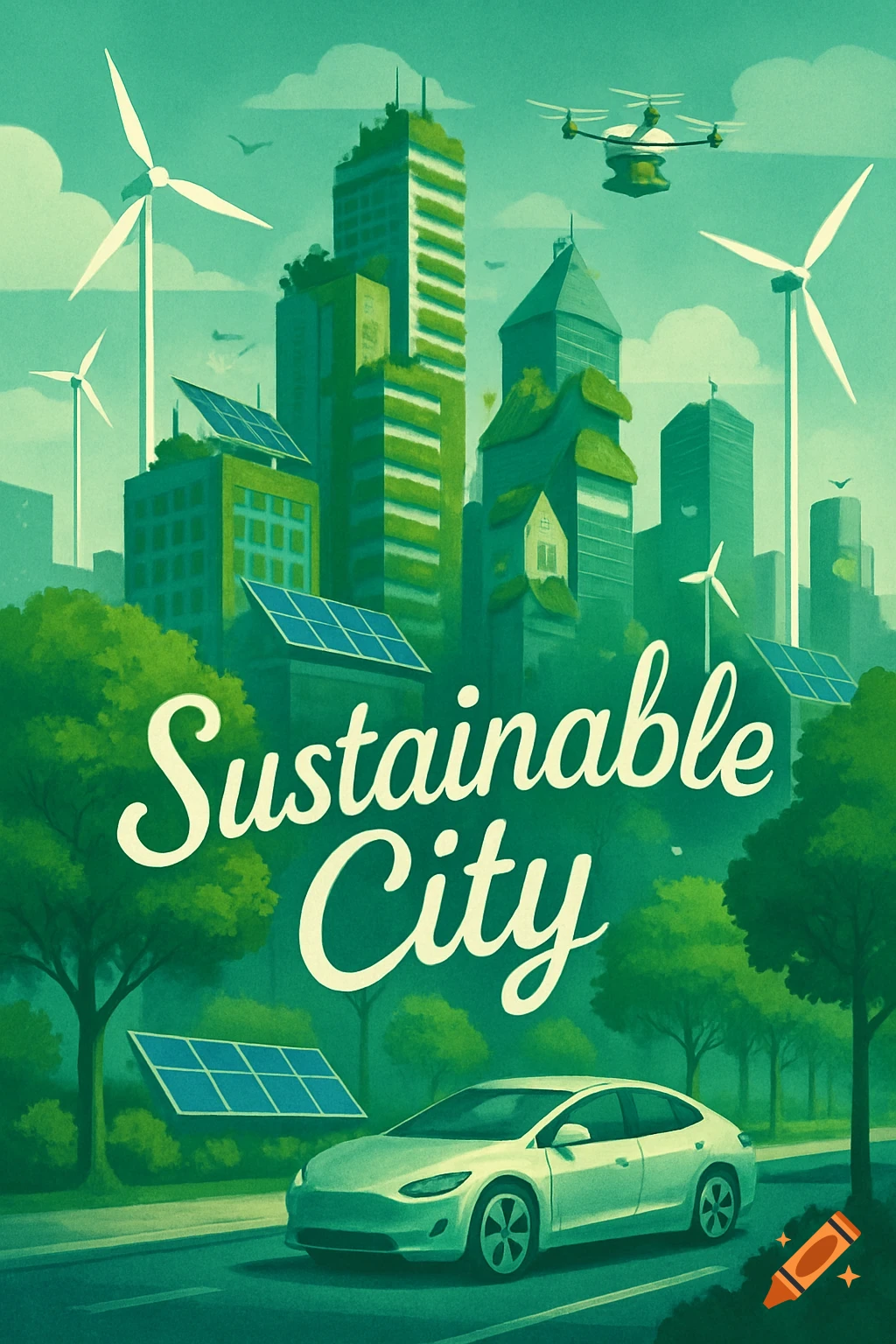 A stylized illustration of a green, futuristic city with skyscrapers, wind turbines, solar panels, a drone, and an electric car.
