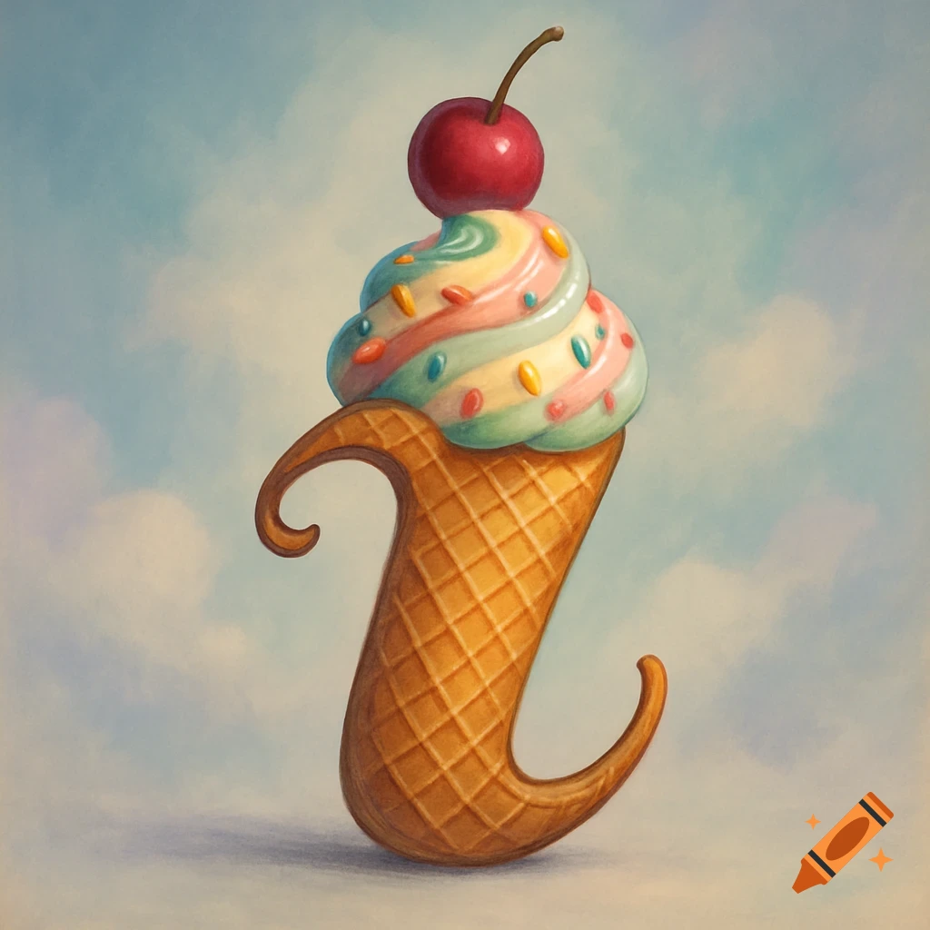 Artistic ice cream cone shaped like a lowercase 'i', with colorful swirled ice cream, sprinkles, and a cherry, against a cloudy sky.
