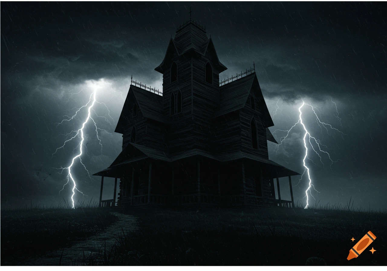 A dark, ominous haunted house stands on a hill as multiple lightning bolts strike around it during a severe thunderstorm.