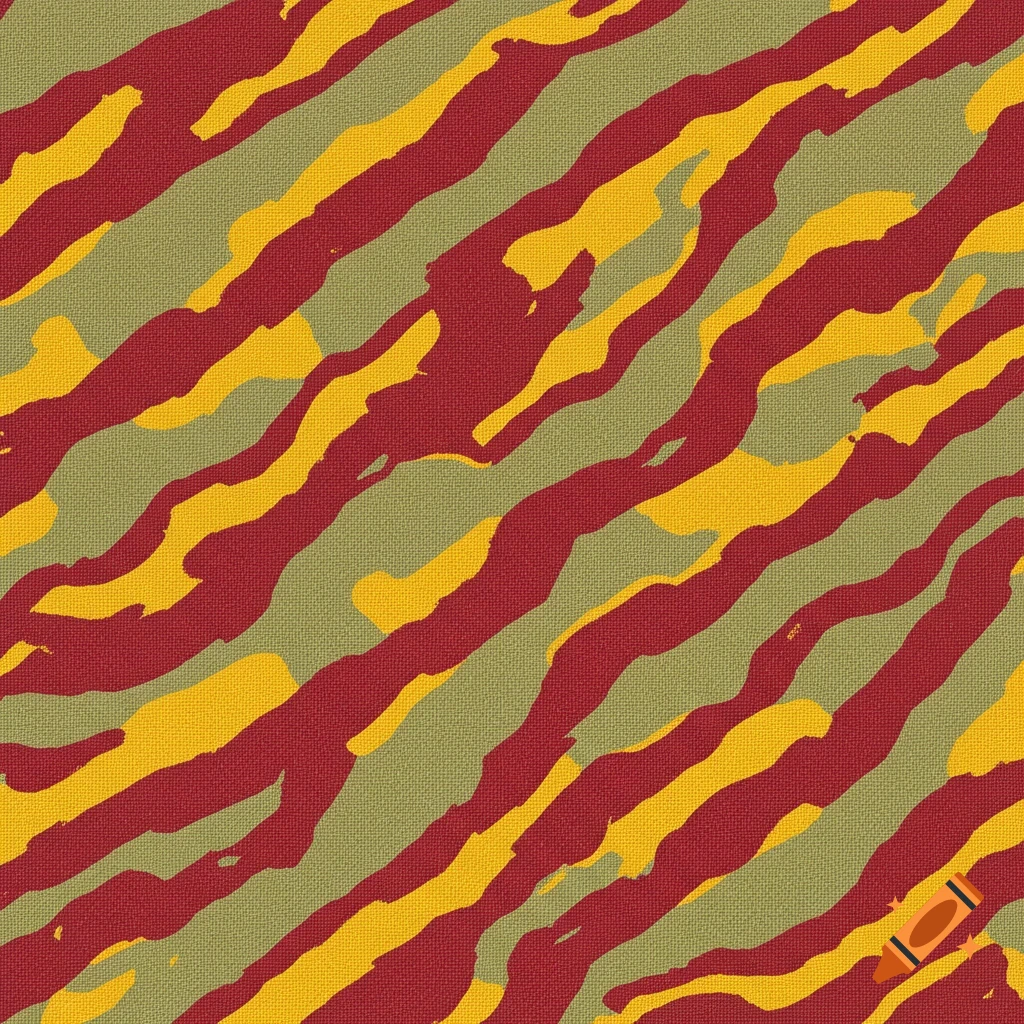 A camouflage pattern with diagonal wavy stripes in red, yellow, and olive green, featuring a subtle fabric texture.