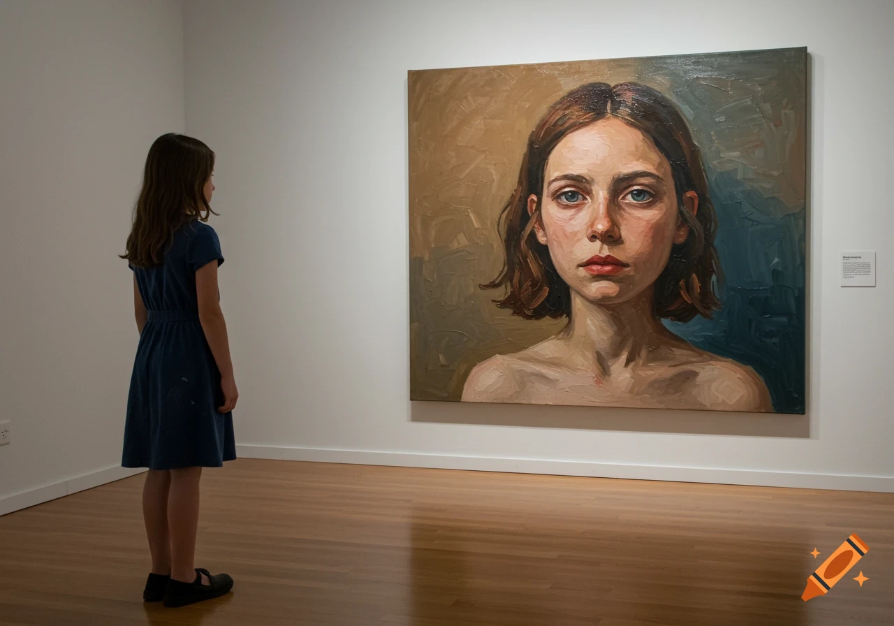 A young girl in a blue dress, seen from behind, stands in a modern art gallery looking at a large oil painting portrait of a woman.