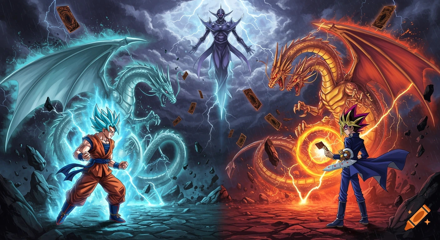 An epic manga-style battle scene with Goku SSGSS and Stardust Dragon on the left, Yami Yugi and Slifer the Sky Dragon on the right, and a figure resembling Obelisk the Tormentor above, all amidst a stormy sky with floating Yu-Gi-Oh cards.