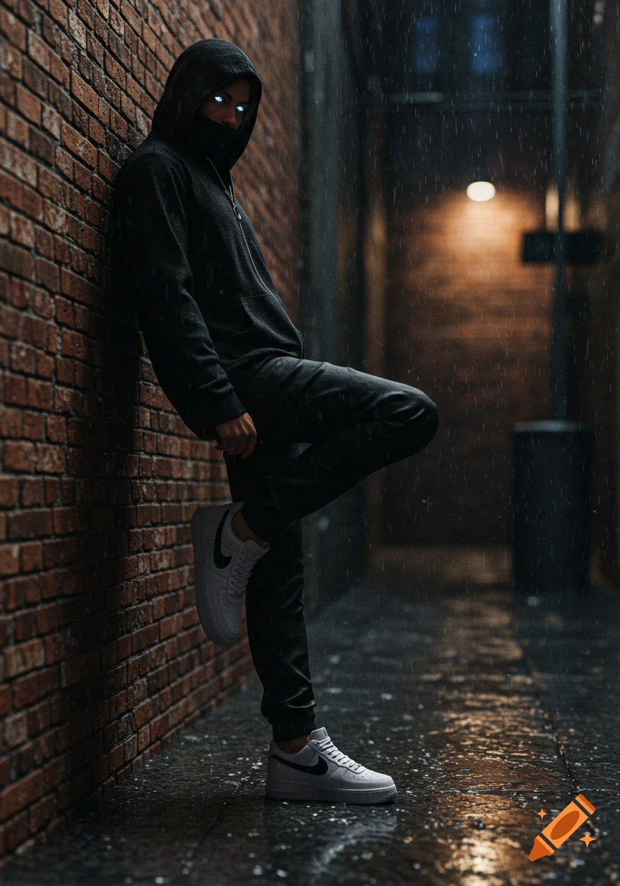 A person in a black hoodie, mask, and white Nike sneakers with glowing eyes leans against a brick wall in a dark, rainy alley. Photorealistic.