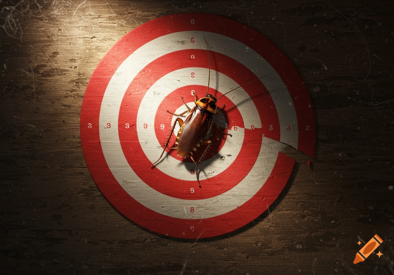 A photorealistic cockroach sits on the bullseye of a red and white target, which is on a distressed wooden surface.