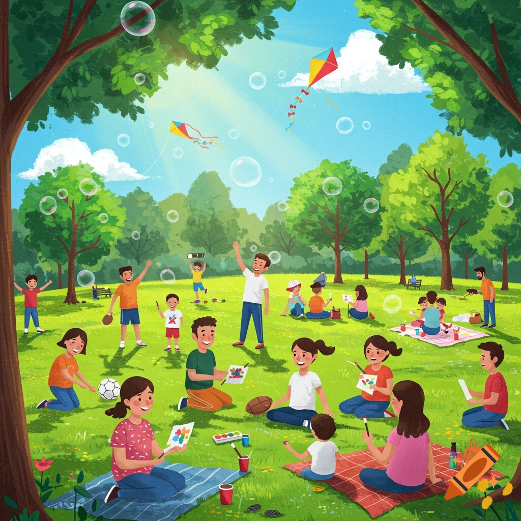 Vibrant illustration of a park teeming with people, children, and families enjoying outdoor activities like painting, kite flying, and picnics.