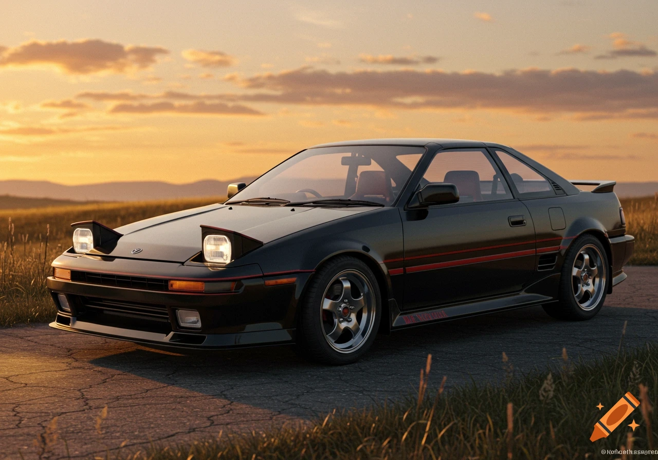 A black Toyota MR2 AW11 sports car with red stripes parked on a rural road at sunset. Photorealistic.