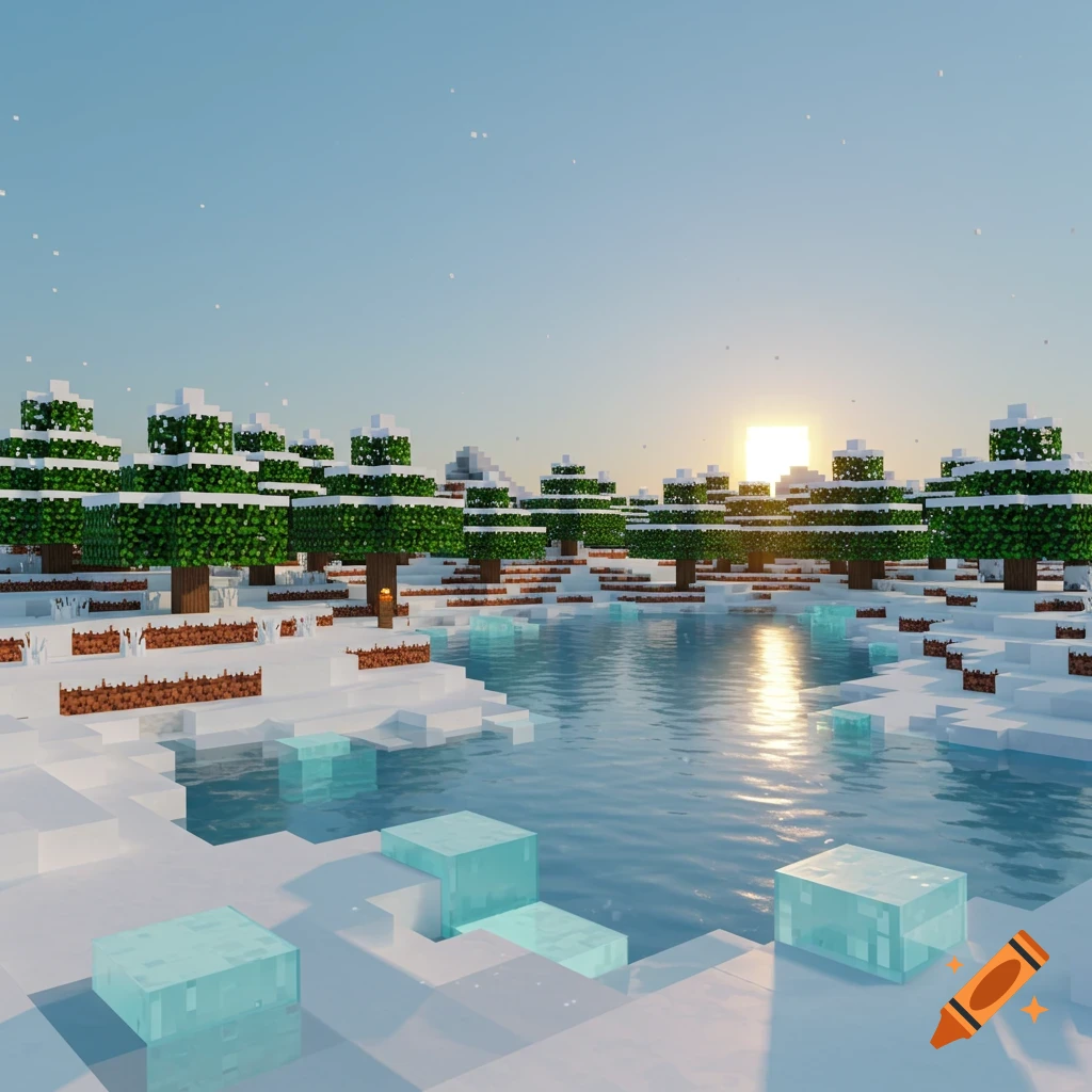 A pixelated Minecraft-style winter landscape with snow-covered pine trees, a frozen lake reflecting the sunset, and icy blocks.