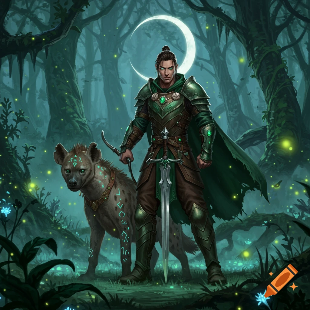 A fantasy ranger in green armor with a sword, holding a hyena on a leash in an enchanted, moonlit forest.