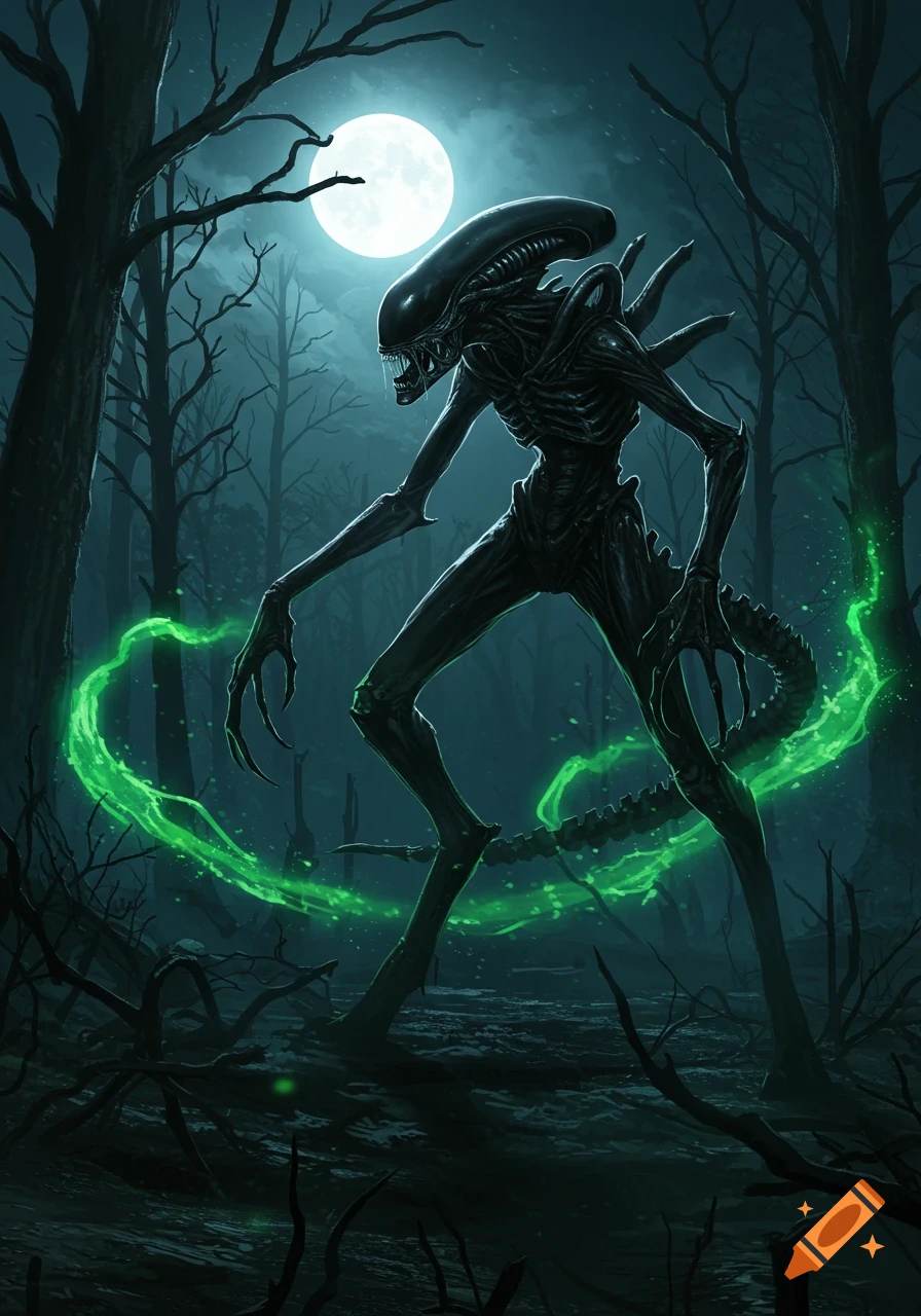 A black Xenomorph monster stands in a dark, moonlit forest, surrounded by glowing green energy.