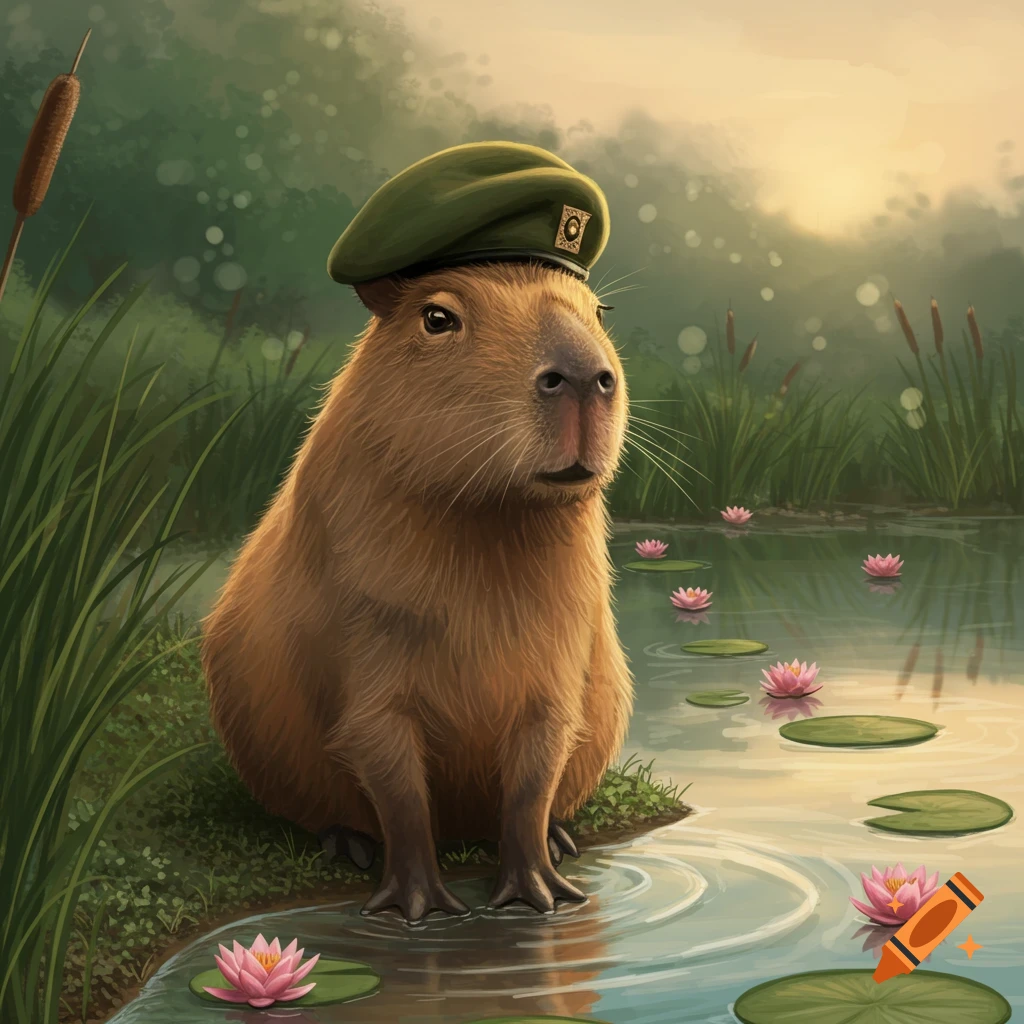 A capybara wearing a green military beret sits by a pond with pink water lilies and lily pads at sunset.
