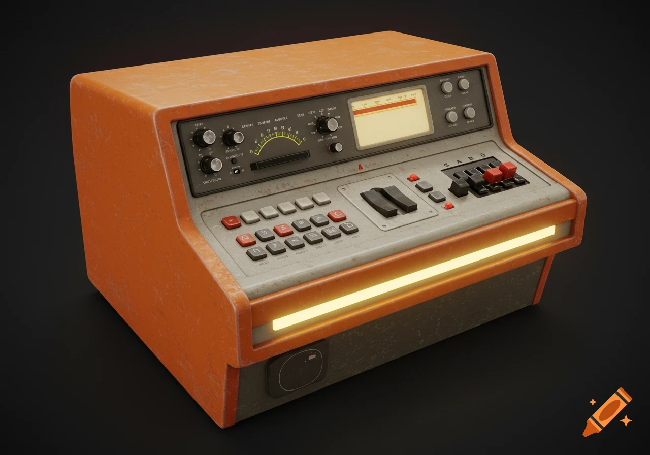 A vintage-style orange and gray control console with dials, buttons, levers, and a glowing LED strip, on a dark background.