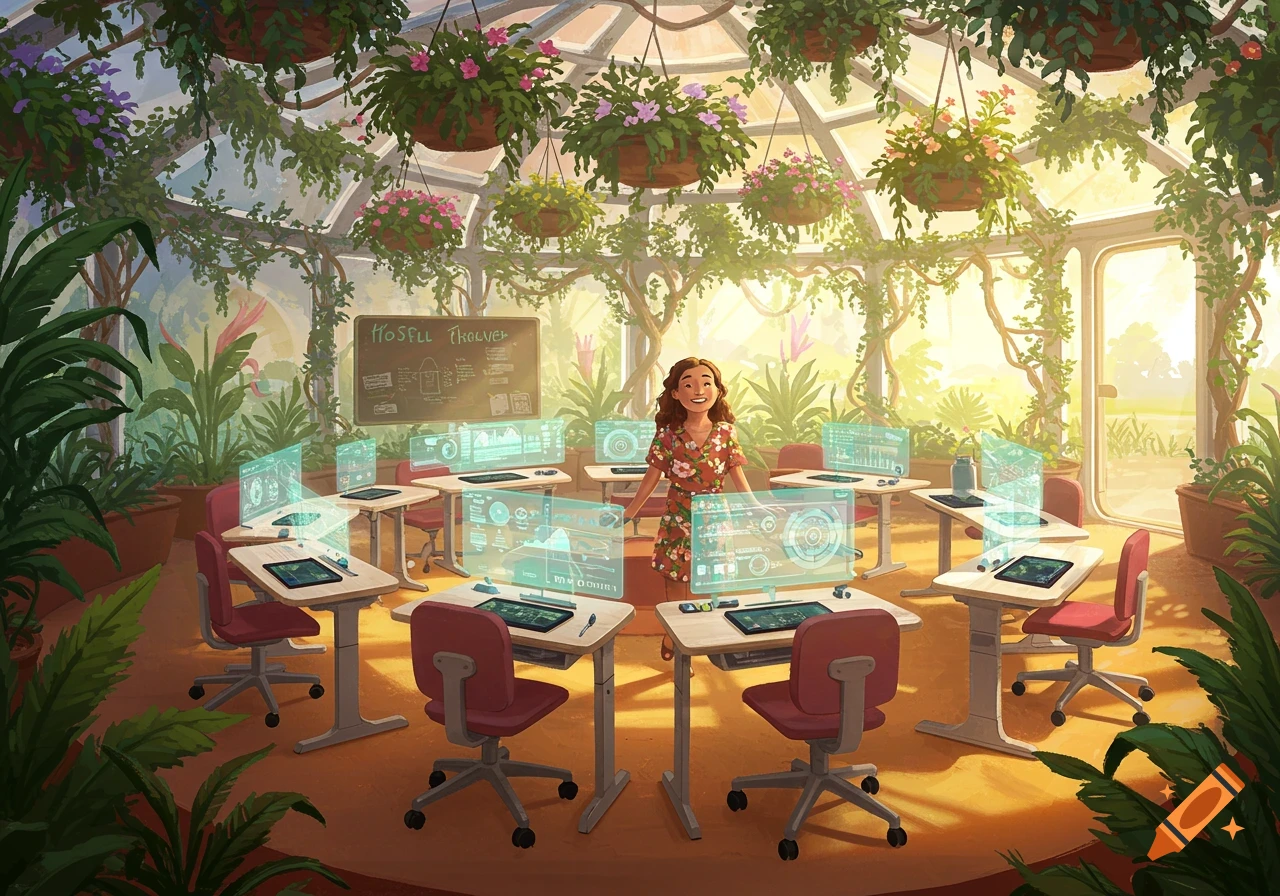Smiling teacher in a lush greenhouse classroom with futuristic holographic desks, illustration.