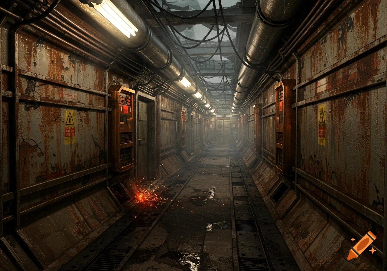 A long, rusted, and grimy dieselpunk corridor with fluorescent lights, pipes, cables, and sparks flying on the left.