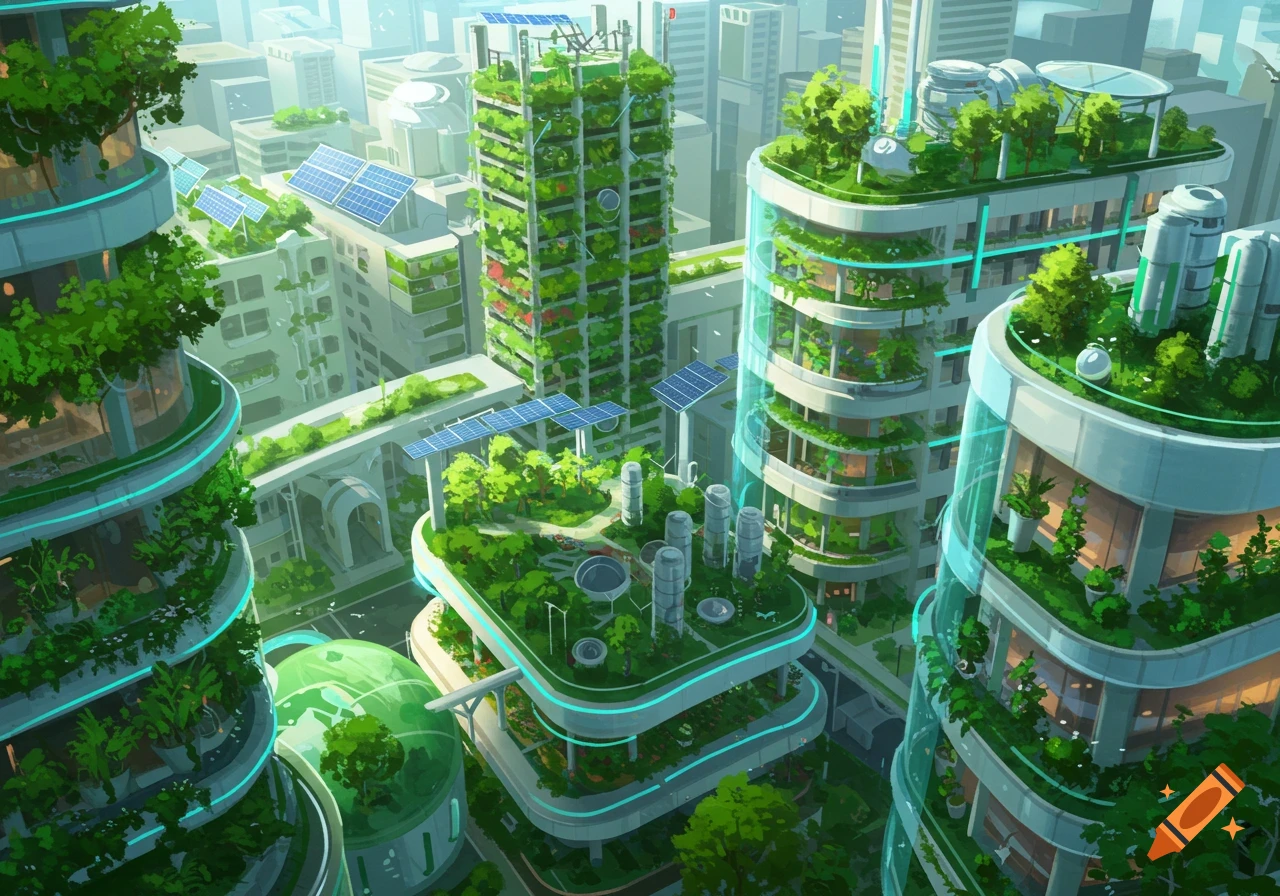 Overhead view of a futuristic city with modern buildings covered in green plants and solar panels, under bright, diffused light.